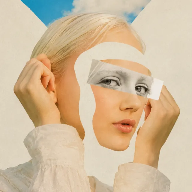 A paper collage portrait of a woman, a strip of photographed eyes taped across her own