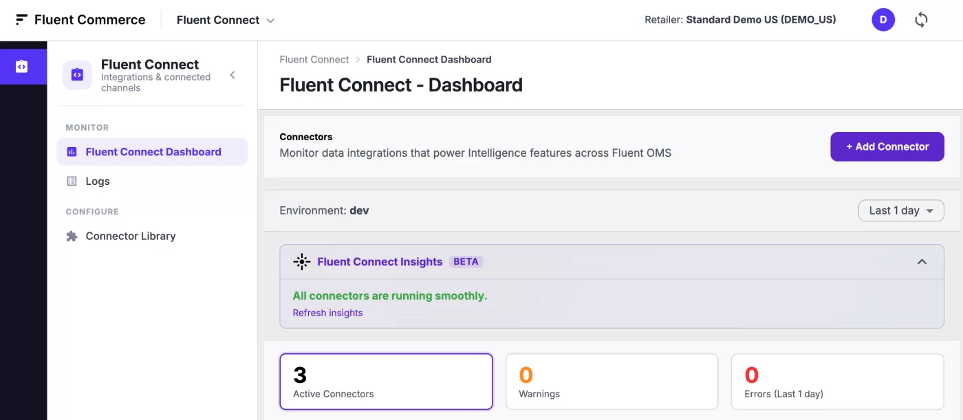 The Fluent Connect dashboard: connectors, environment, insights, and counts of active connectors, warnings and errors.