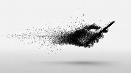 A hand dissolving into a field of particles