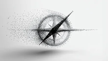 A compass dissolving into a field of particles