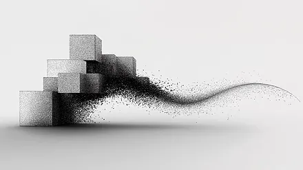 Stacked cartons dissolving into a particle wave