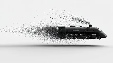 A steam locomotive dissolving into a field of particles