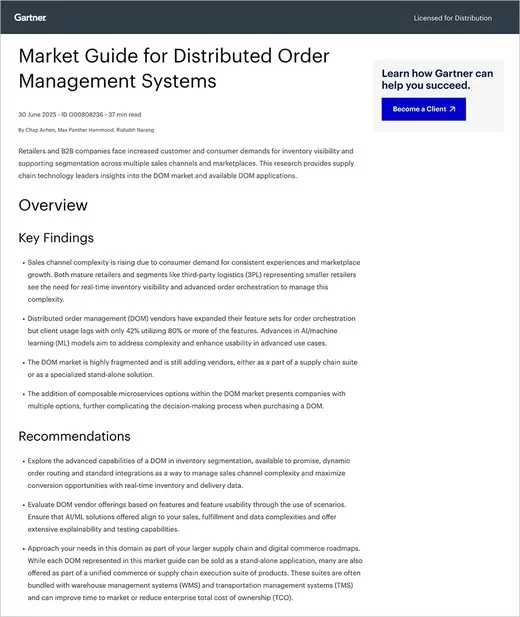 The report’s first page: Market Guide for Distributed Order Management Systems, Gartner, 30 June 2025