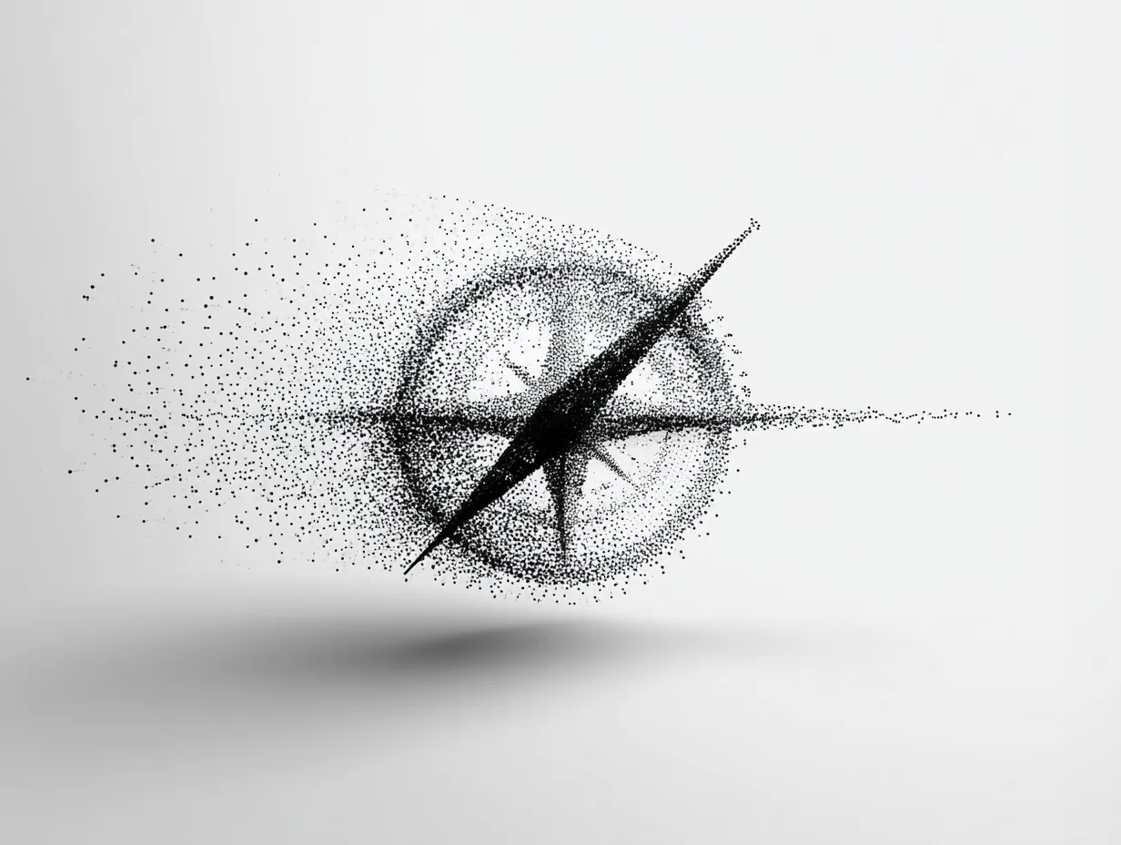 A compass dissolving into a field of particles