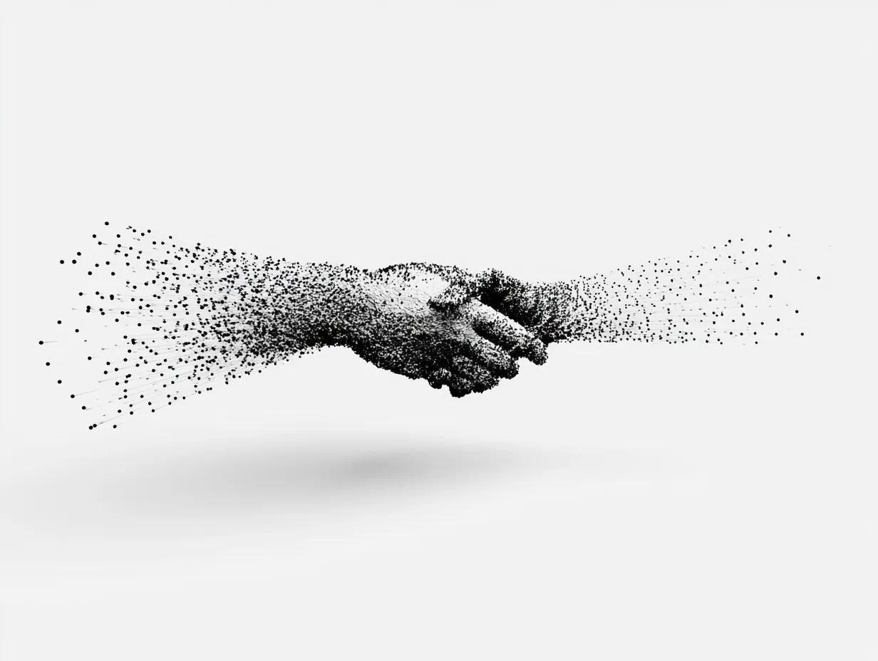 Two hands meeting, dissolving into a field of particles