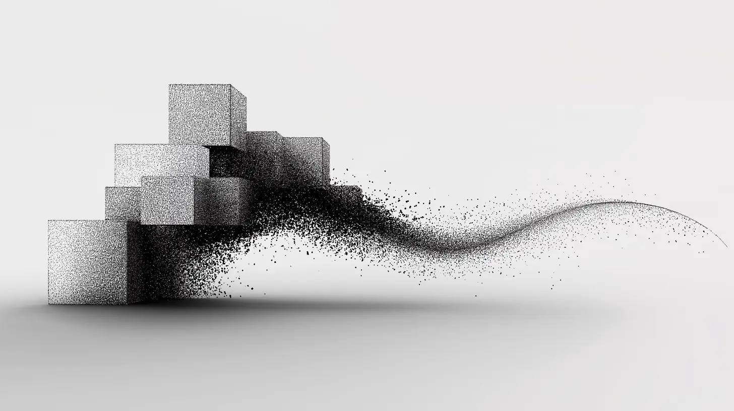 Stacked cartons dissolving into a particle wave