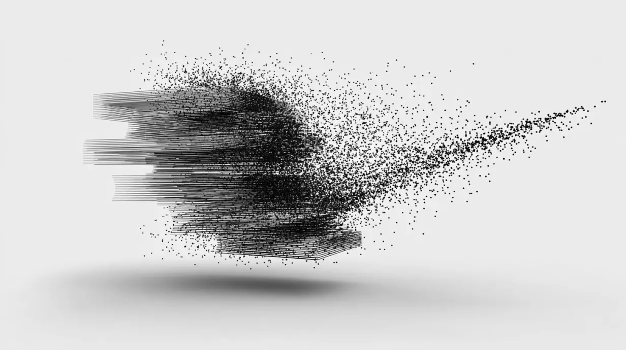 A stack of pages dissolving into a particle stream
