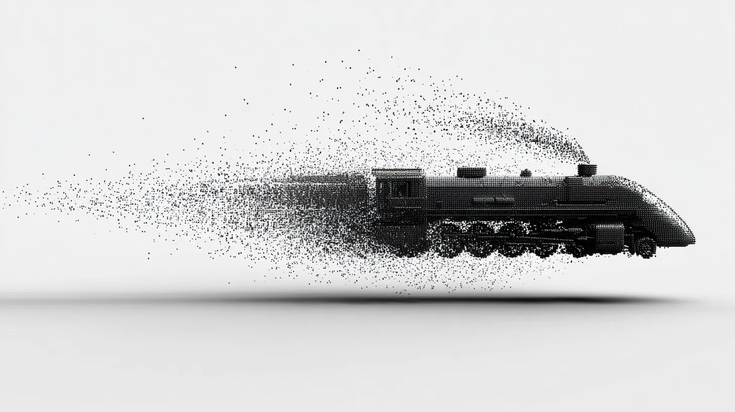 A steam locomotive dissolving into a field of particles