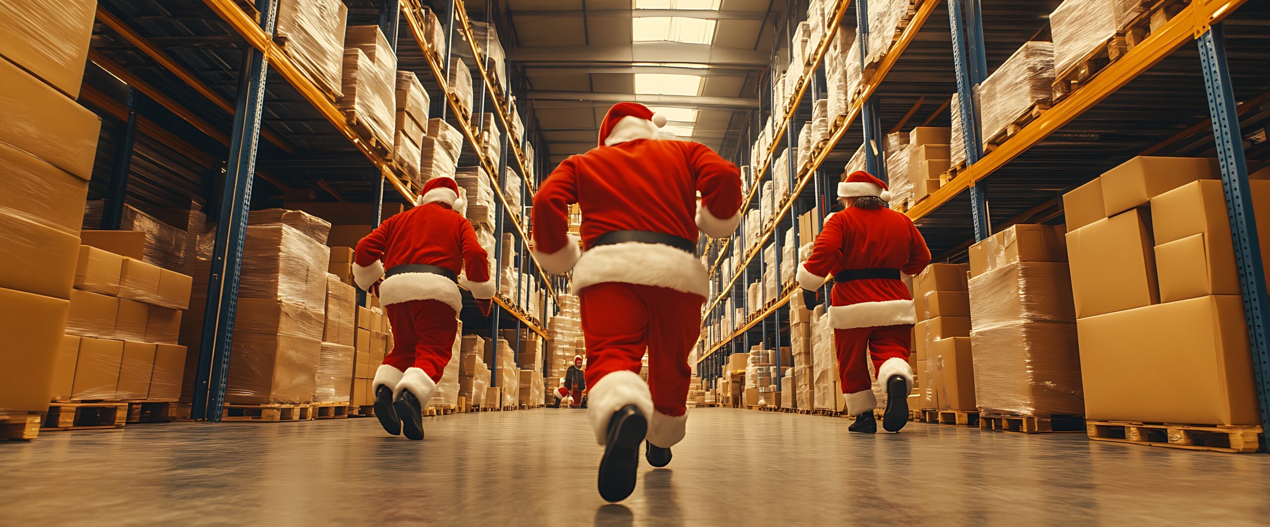 Santas running in a warehouse