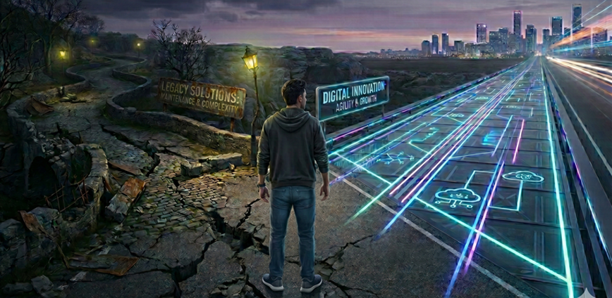 The legacy solution path is riddled with cracks whereas the modern tech leads to a path of innovation.