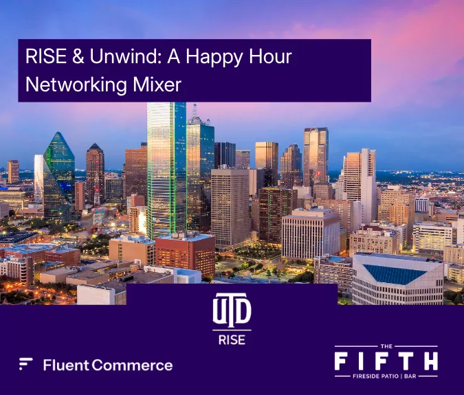 Dallas skyline at dusk, with the UTD RISE and The Fifth Fireside Patio & Bar logos