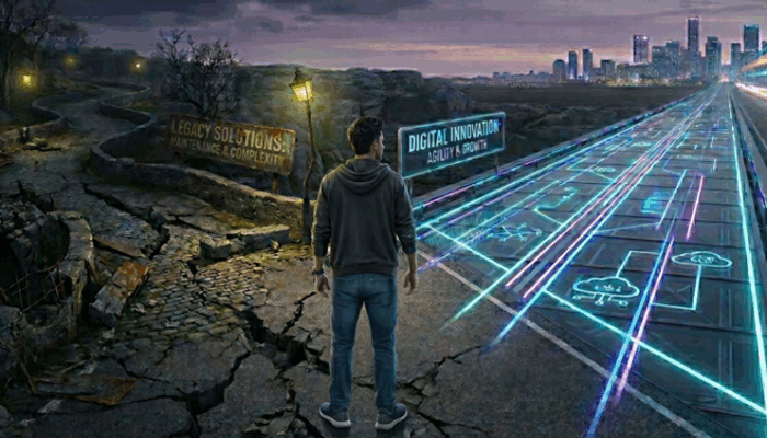 The legacy solution path is riddled with cracks whereas the modern tech leads to a path of innovation.