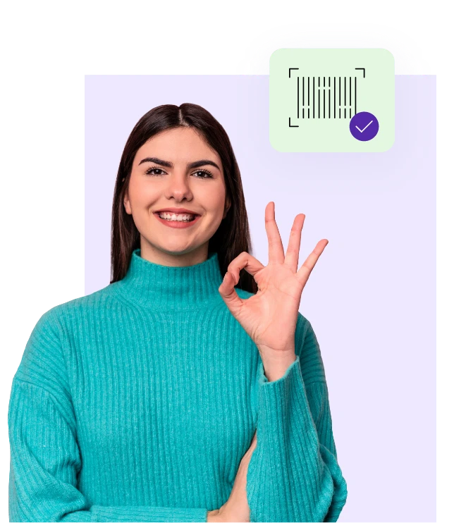 Woman in teal sweater with a-ok hand symbom