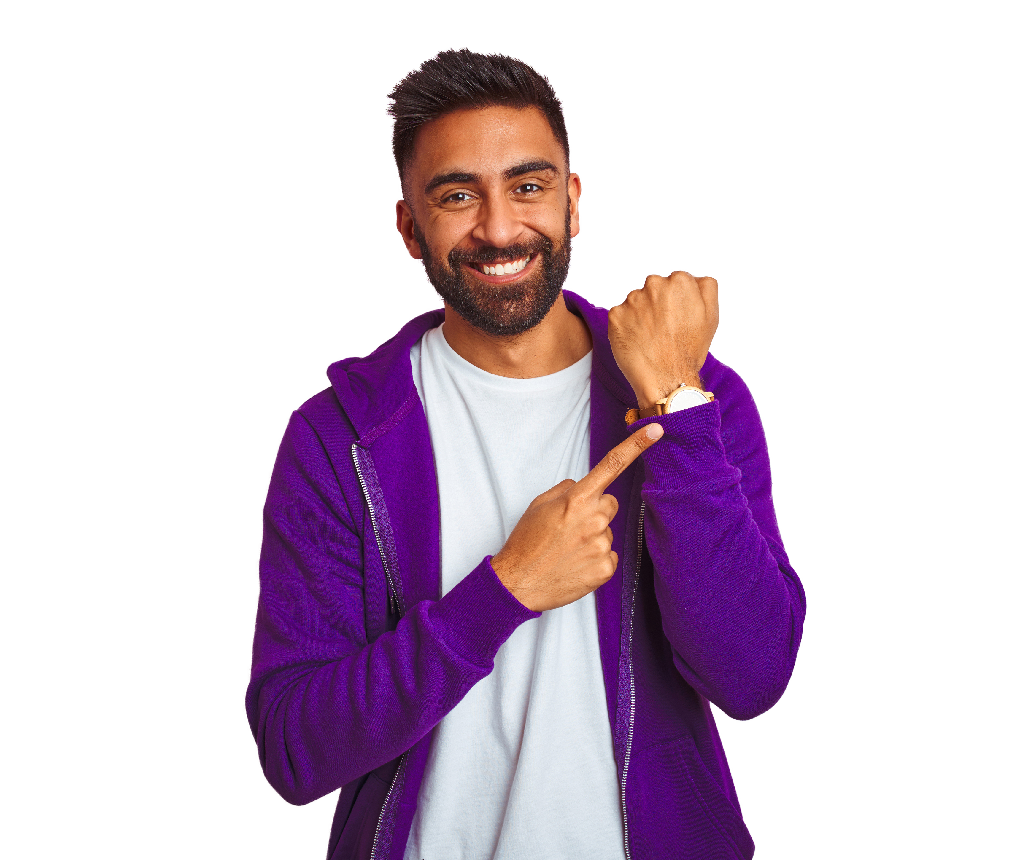 man in purple hoodie pointing to watch